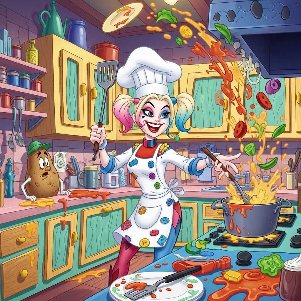 Cartoon chef with pink hair in white uniform amid chaotic kitchen with flying food and flames