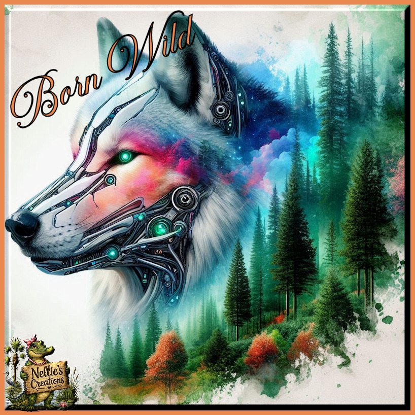 Colorful illustrated wolf head with abstract details and evergreen trees