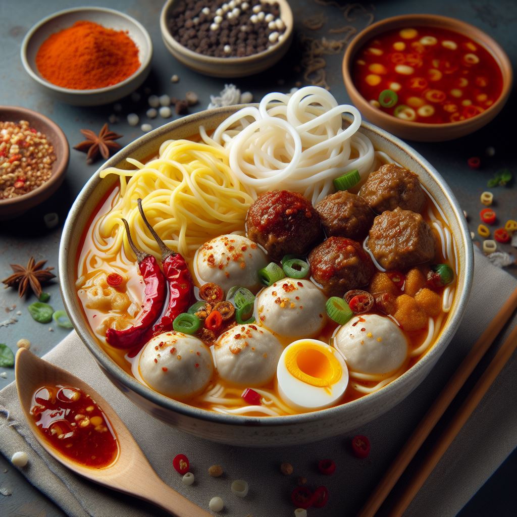 Bowl of Asian noodle soup with meatballs, eggs, vegetables, and spices on dark surface