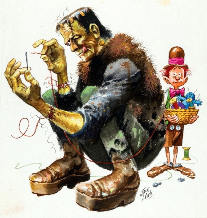 Cartoon Frankenstein monster with green skin and stitches next to a tiny clown character