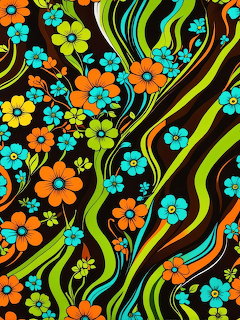 Retro floral pattern with orange and blue flowers on colorful wavy stripes on dark background