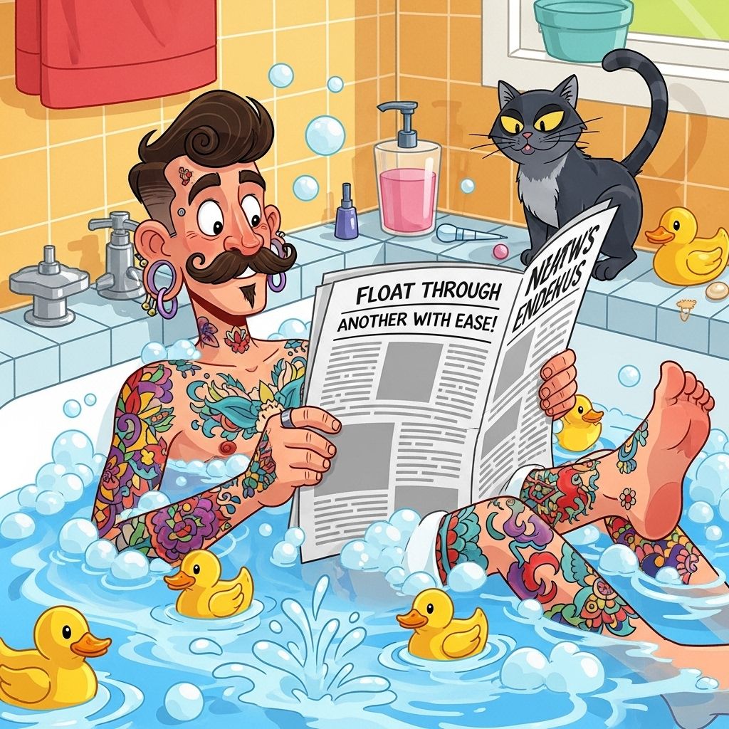 Tattooed Man Reading in Bath