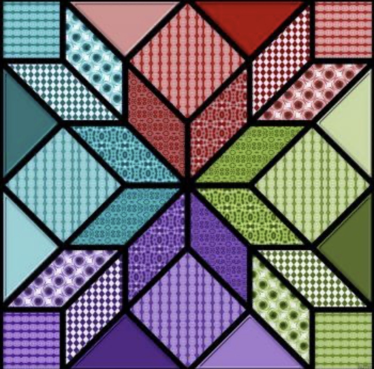 Geometric star pattern with colorful textured diamonds and triangles forming a radial quilt block design