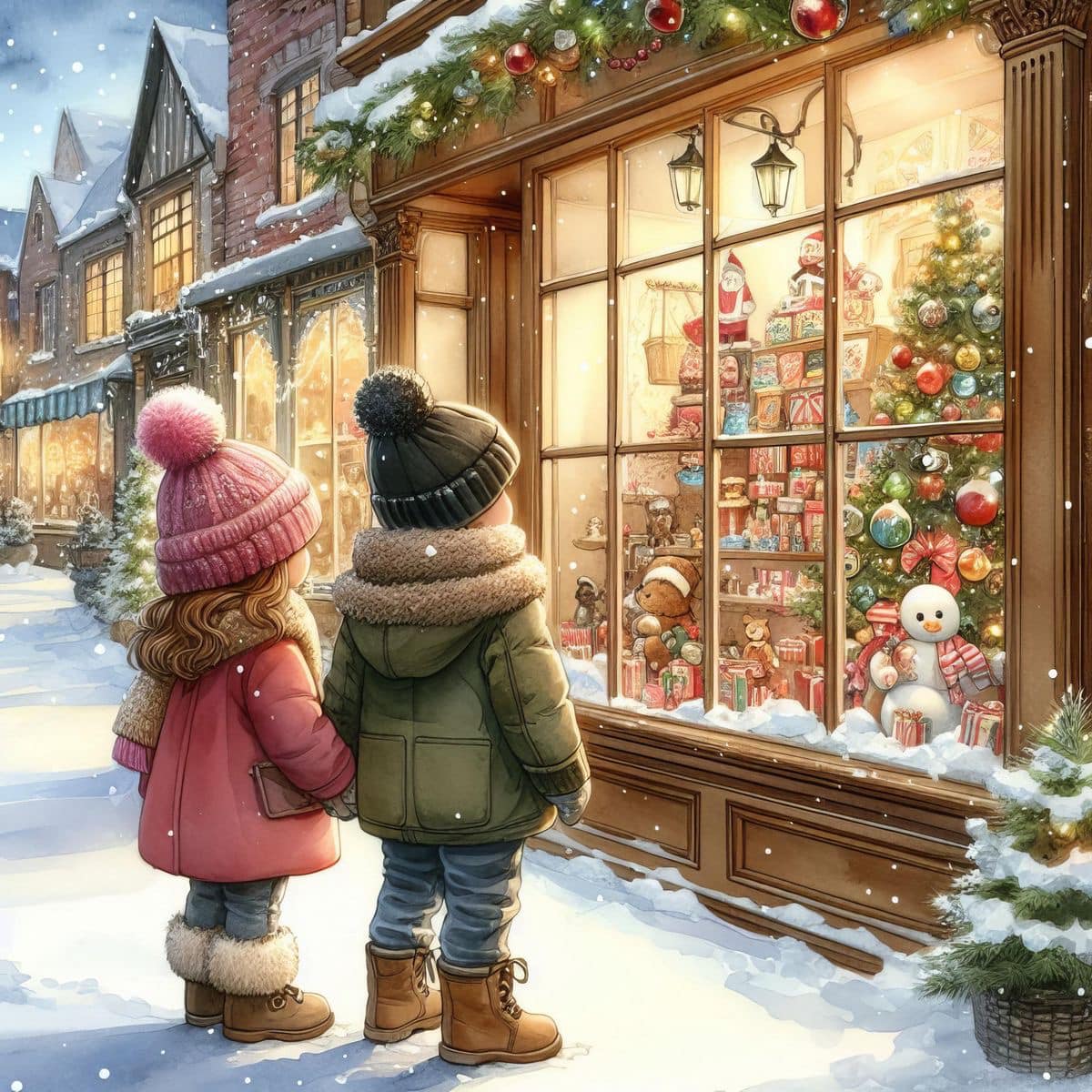 Two children looking at illuminated Christmas shop window display in snowy winter scene