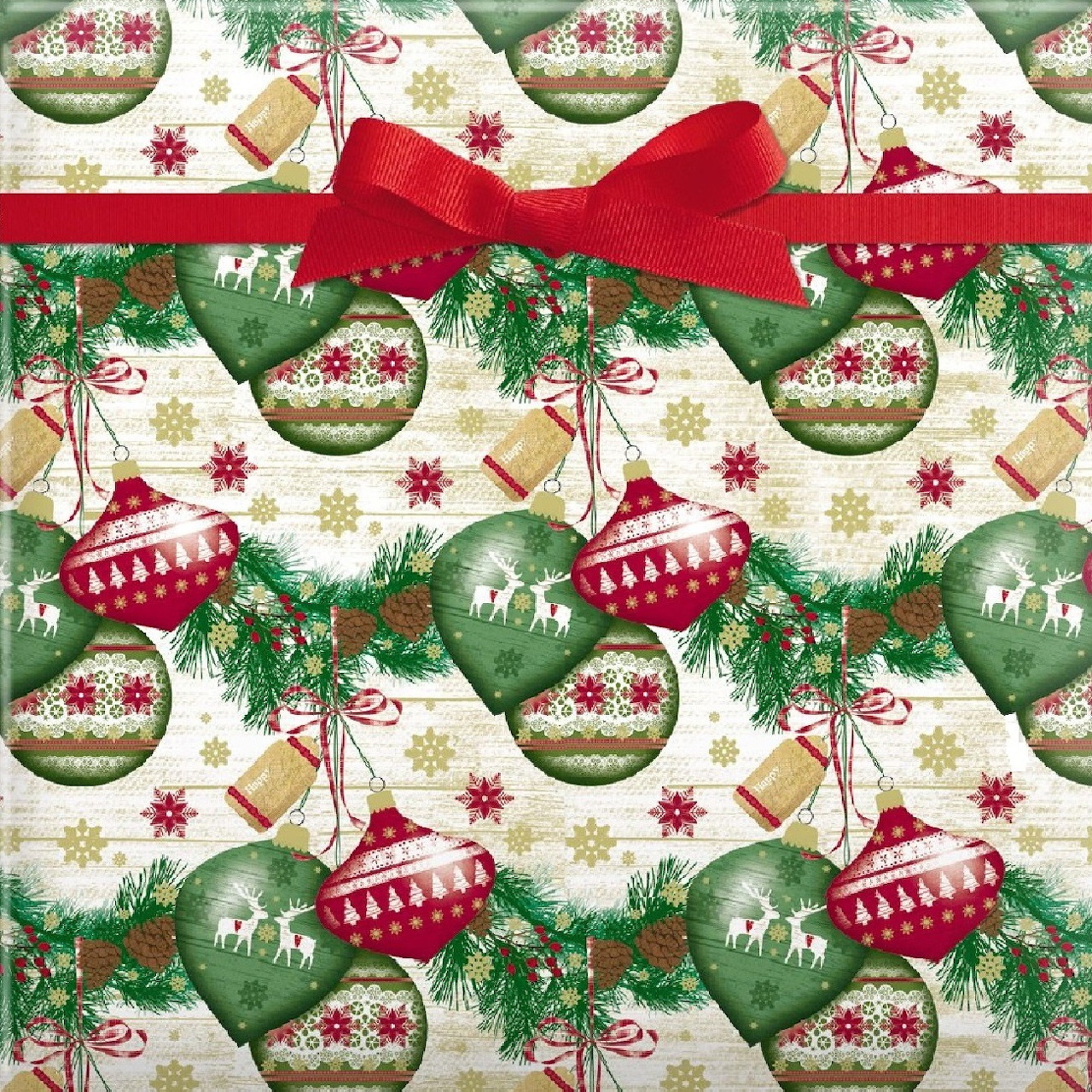 Christmas wrapping paper pattern with green and red ornaments, pine branches, gold snowflakes, and a red bow