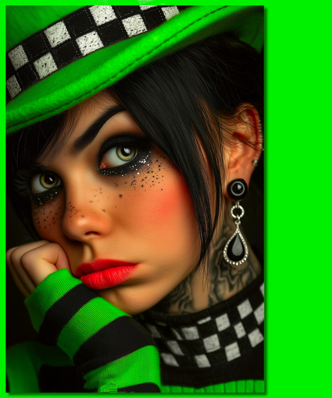 Stylized portrait of a dark-haired girl with green eyes, checkerboard hat, and green striped sleeves