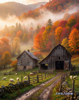 Weathered barn beside a small house on a foggy hillside surrounded by colorful autumn trees