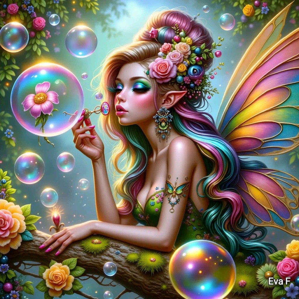 Colorful fairy with rainbow wings, flowers in hair, surrounded by bubbles and butterflies in magical garden