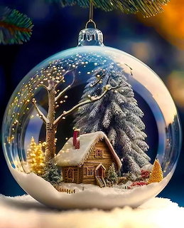 Clear glass Christmas ball ornament with miniature snowy cottage scene inside