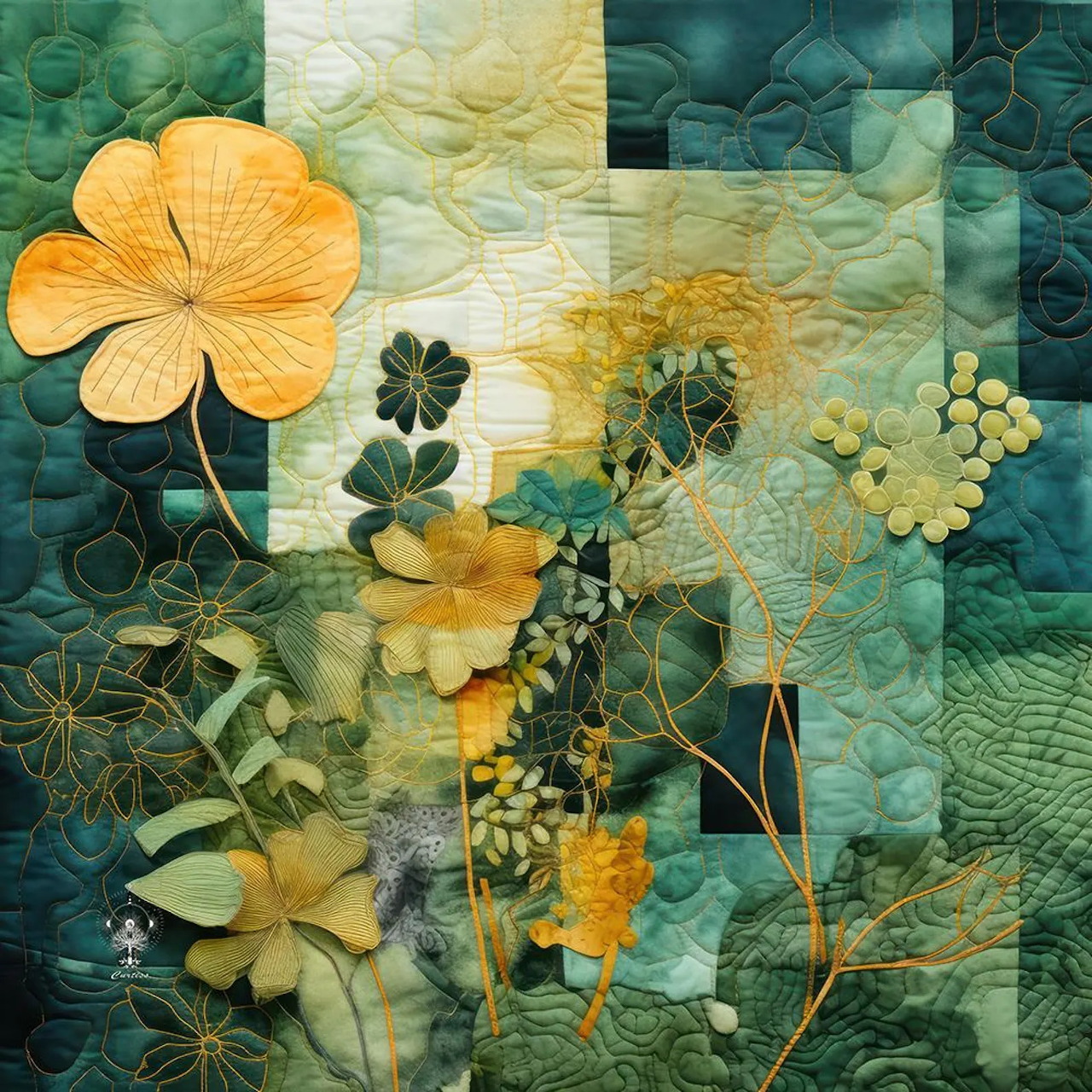 Patchwork quilt art with yellow flowers, green foliage, and geometric fabric squares in teal and gold