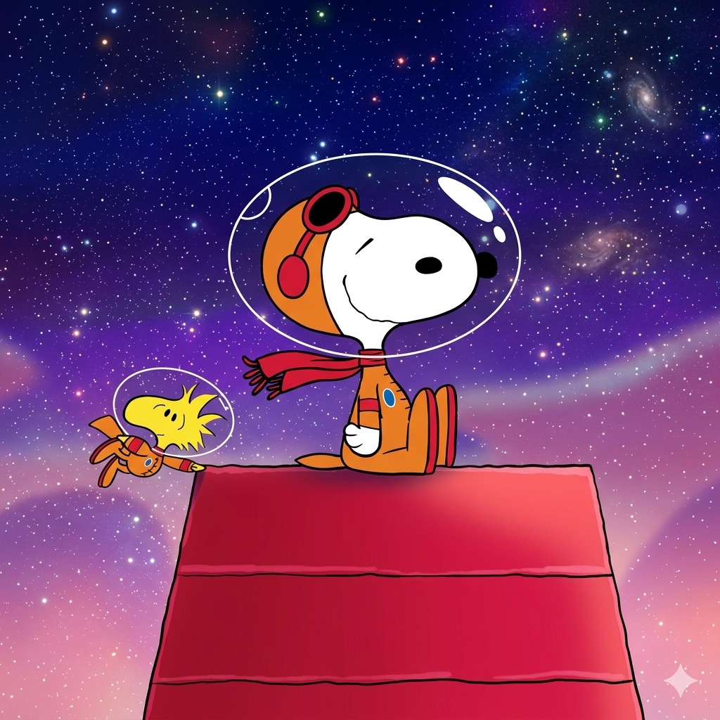 Cartoon Snoopy in orange spacesuit on red doghouse with Woodstock against a starry space background