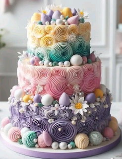 Three-tier pastel cake with swirl frosting, meringues, candy balls, and white flowers