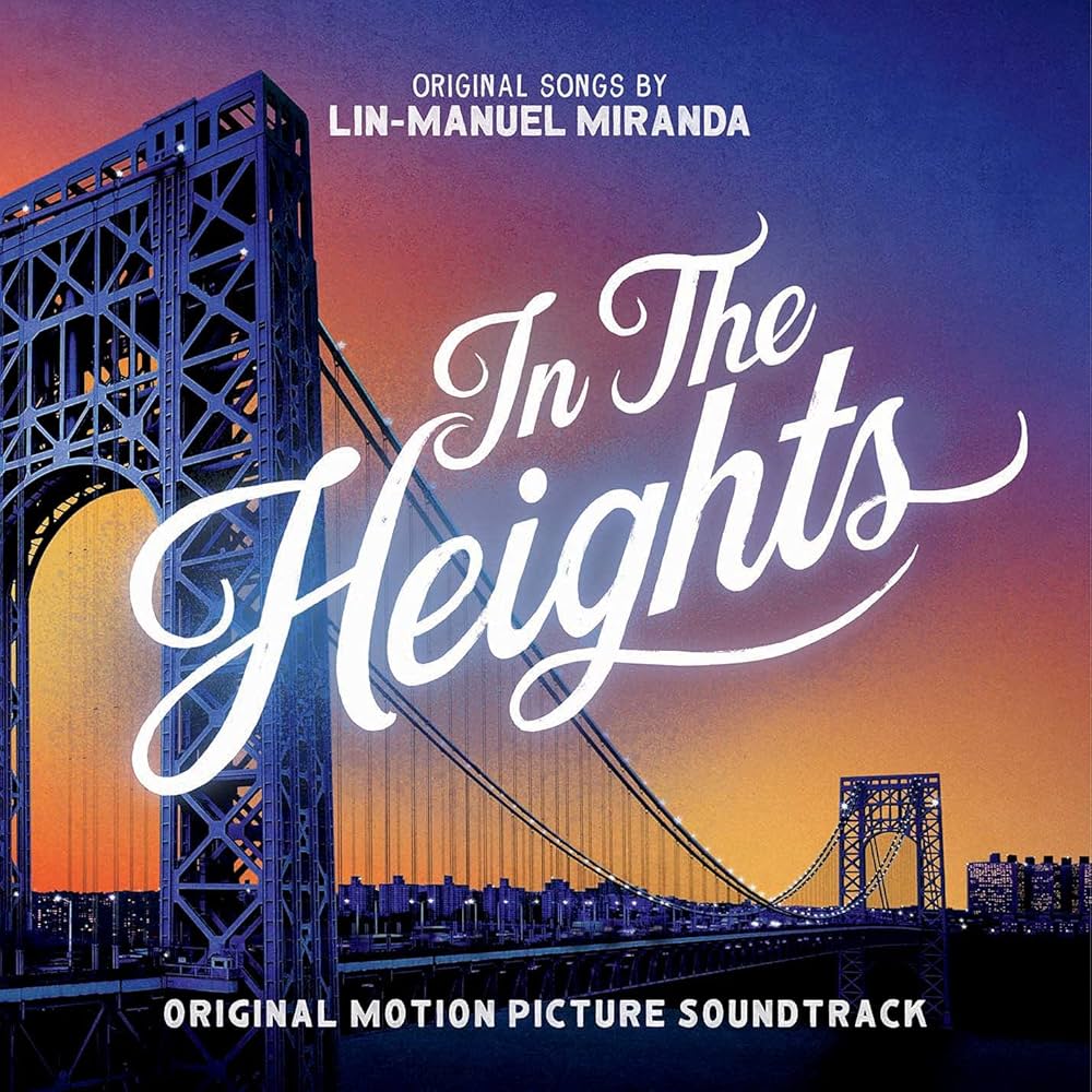 In the Heights soundtrack cover with bridge silhouette at dusk and elegant white script title text