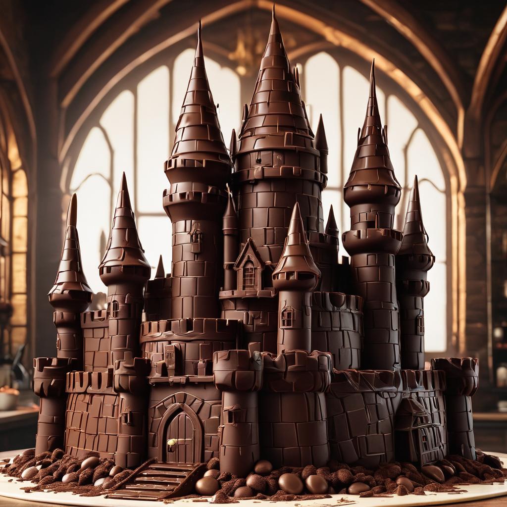 Detailed chocolate castle sculpture with tall towers displayed indoors near arched windows