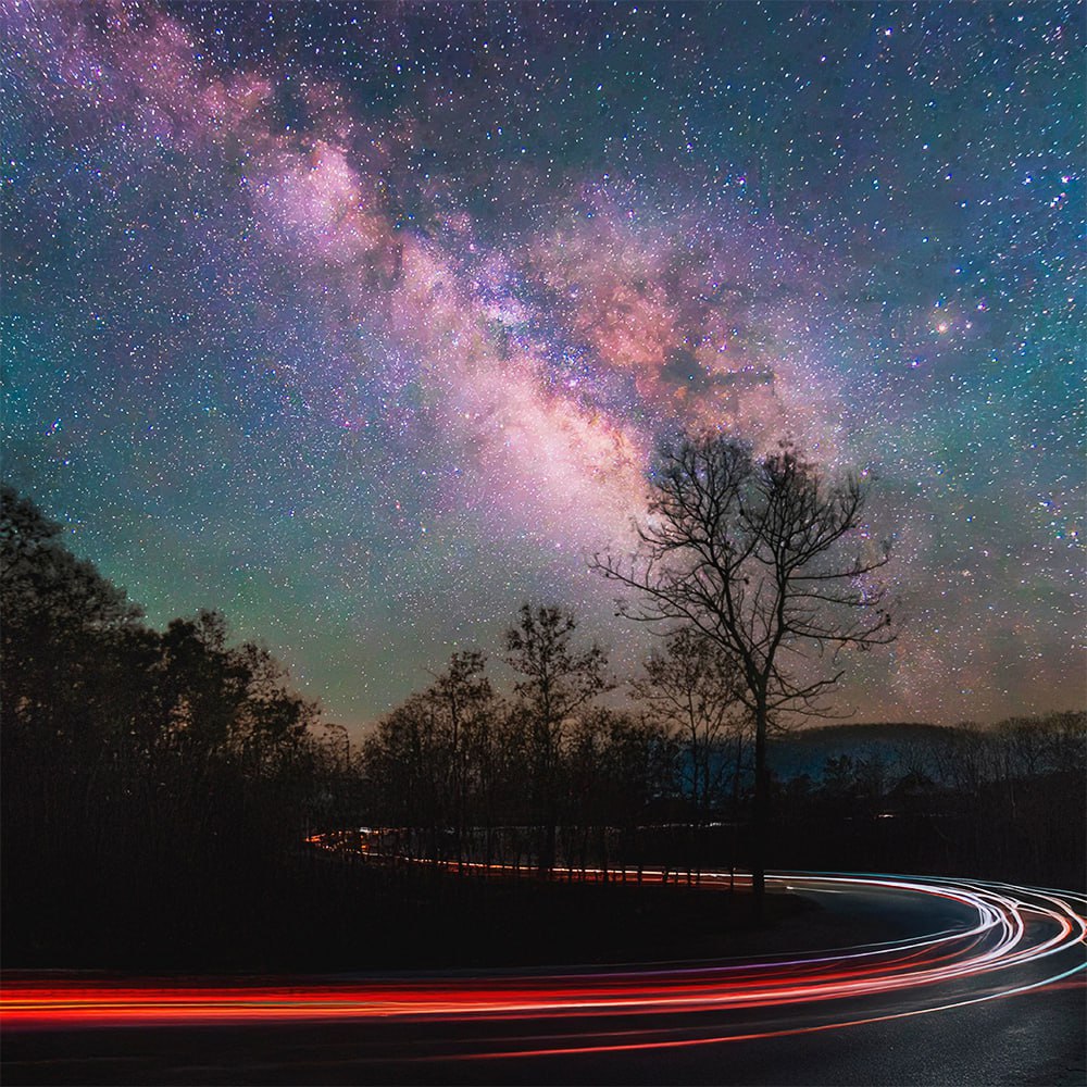 Milky Way galaxy above rural road with vehicle light trails and tree silhouettes at night
