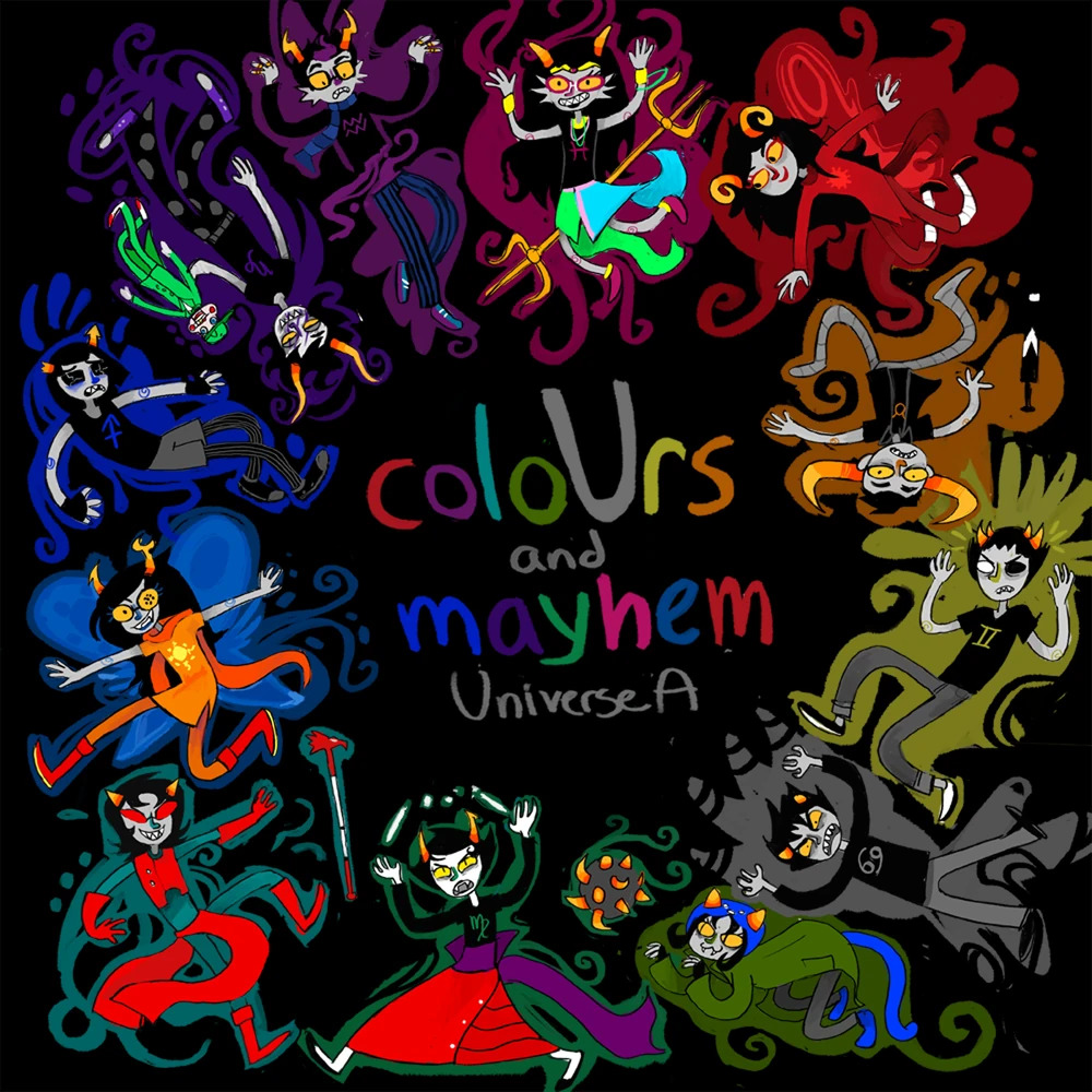Colorful cartoon characters dancing and posing on a black background with text colours and mayhem Universe A