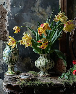 Two decorative ceramic vases with yellow and red tulips on a rustic table against a dark aged wall
