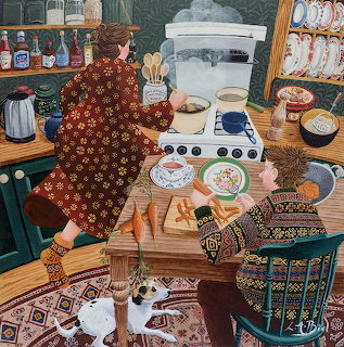 Woman in floral dress cooking carrots at stove in colorful kitchen with jars on shelves