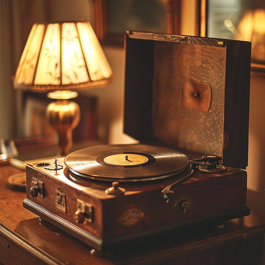 Vintage portable record player with vinyl record on wooden table beside warm-lit lamp in cozy interior setting