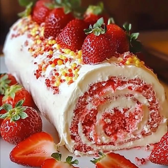 Sliced strawberry cream roll cake topped with fresh berries and rainbow sprinkles