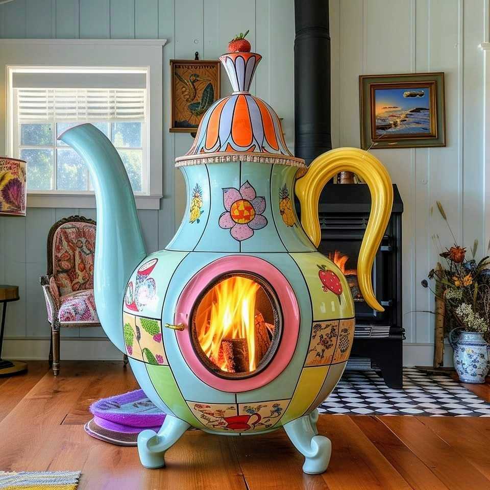Whimsical teapot-shaped wood stove painted in pastel colors with flowers, fire visible through round door