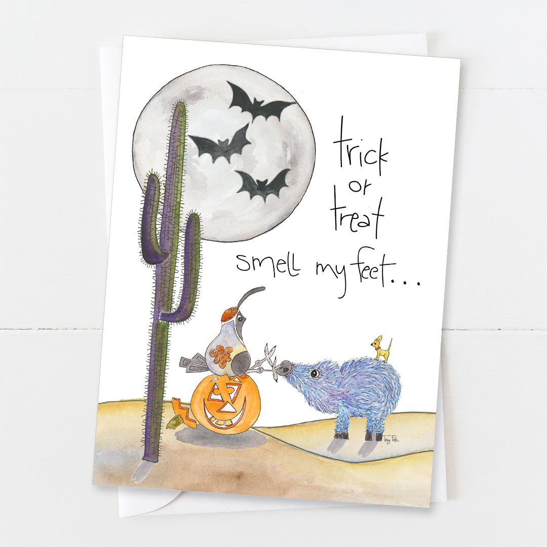 Halloween card illustration with bats, cactus, pumpkin, blue sheep, and handwritten trick-or-treat text