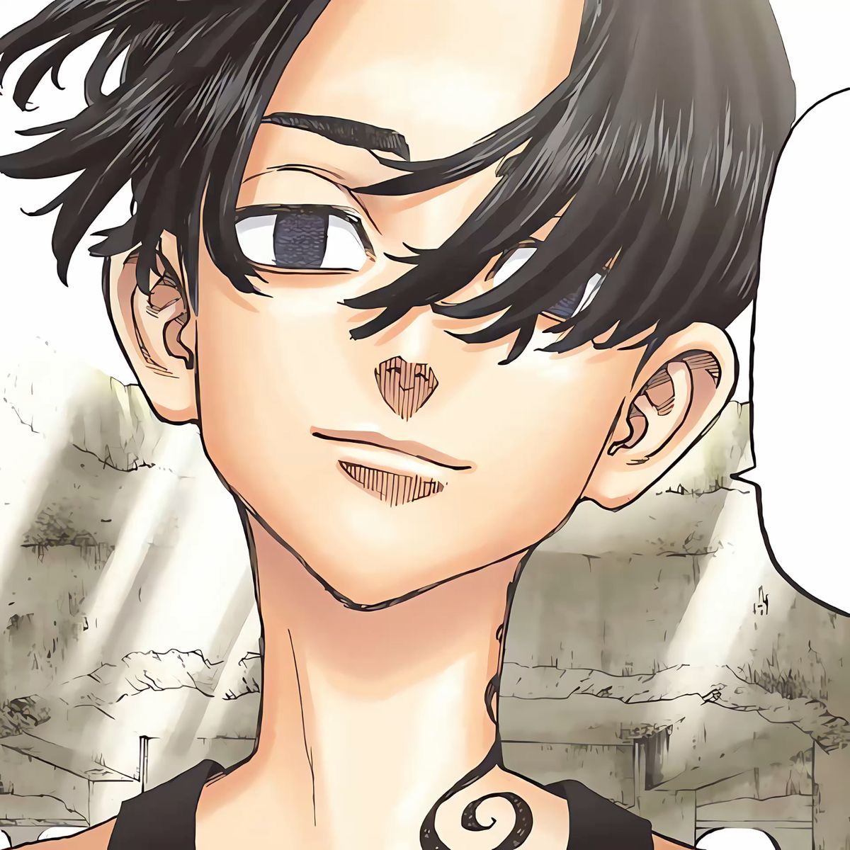 Anime portrait of Sano Manjiro with black hair and determined expression