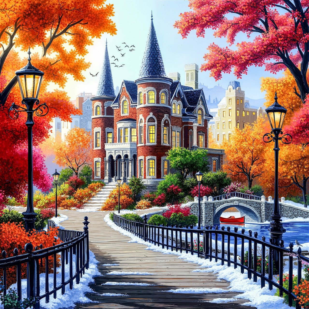 Ornate Victorian mansion with colorful autumn trees, lampposts, and bridge leading to the entrance