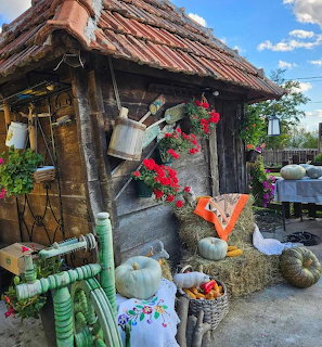 Rustic wooden shed with autumn decorations including pumpkins, flowers, watering cans and harvest items