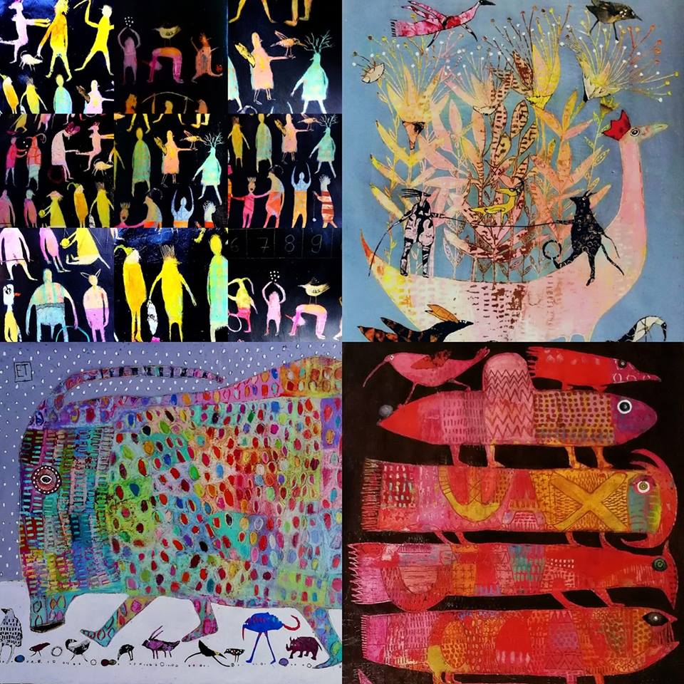 Four-panel art collage with silhouettes, surreal tree scene, textured pattern, and stylized fish