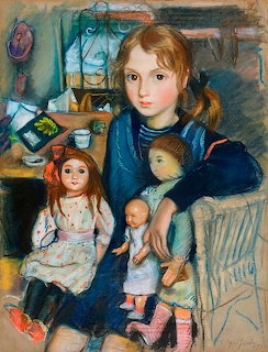 Painting of red-haired girl in blue dress holding two dolls in interior scene