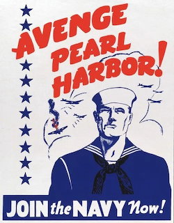 World War II Navy recruitment poster with sailor illustration and Avenge Pearl Harbor message