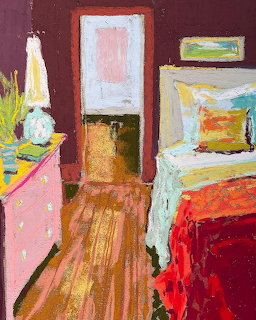 Impressionist pastel painting of bedroom with pink dresser, white bed, colorful blankets, and wooden floor