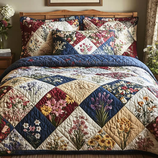 Colorful floral patchwork quilt with diamond pattern on wooden bed in bedroom