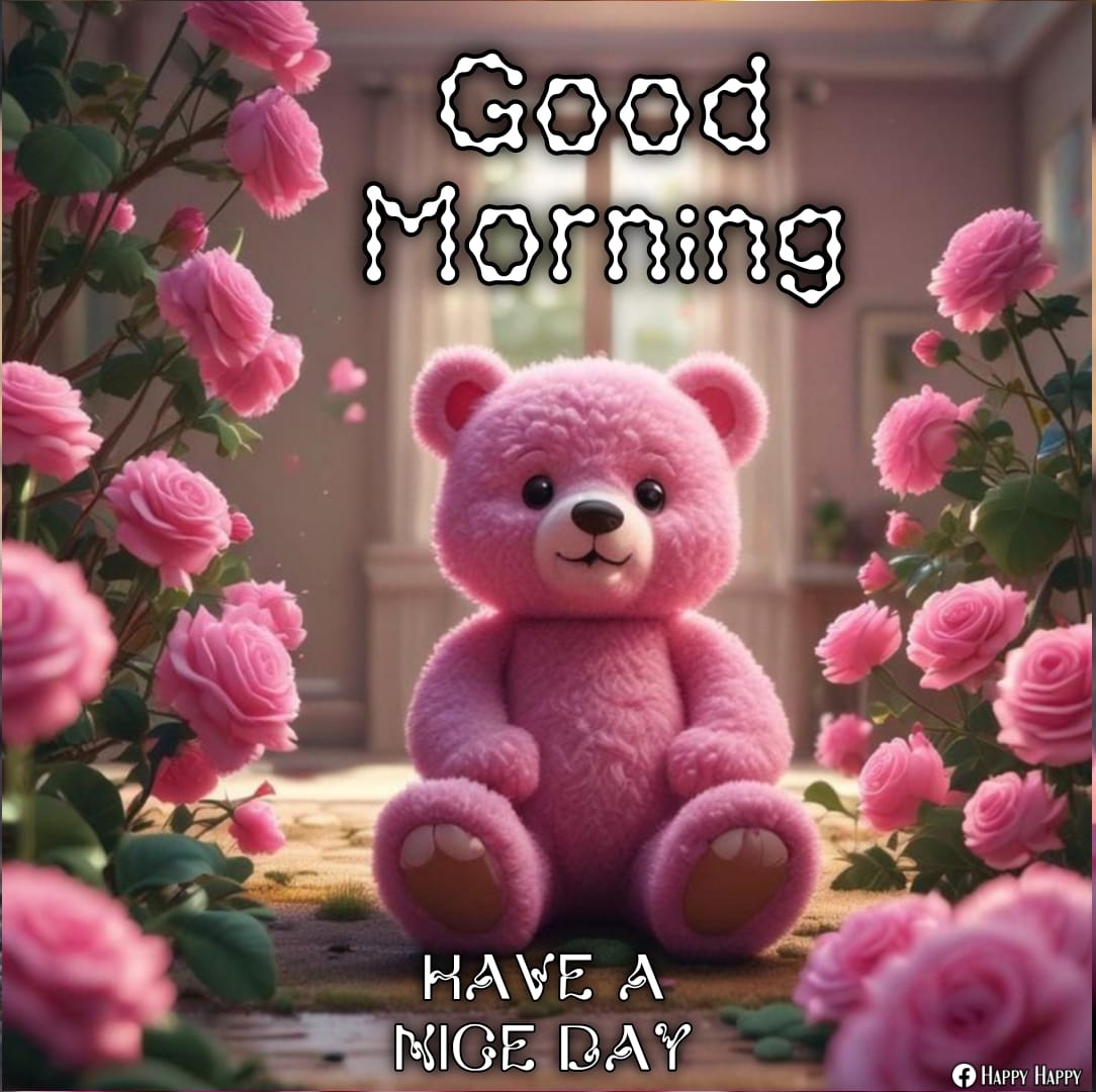 Pink teddy bear sitting between pink roses with Good Morning and Have a Nice Day text