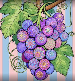 Artistic grape bunch with patterned purple grapes, green leaves, and swirls