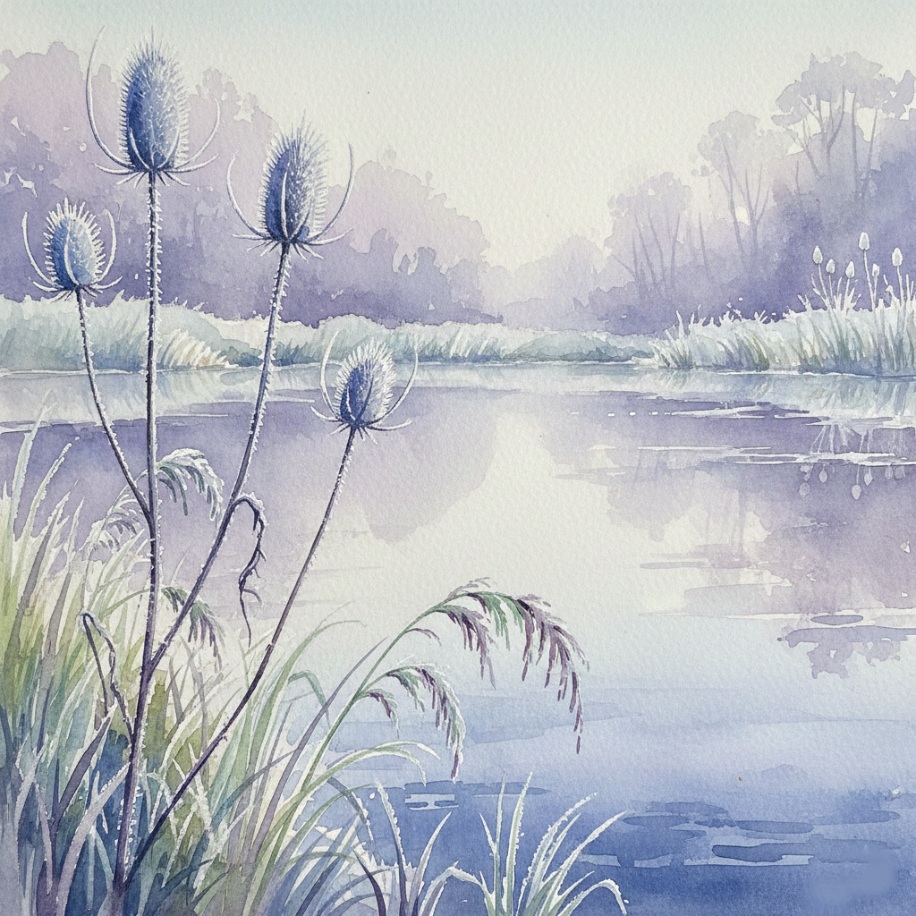 Watercolor of frosted teasels and reeds by a serene winter pond with misty trees
