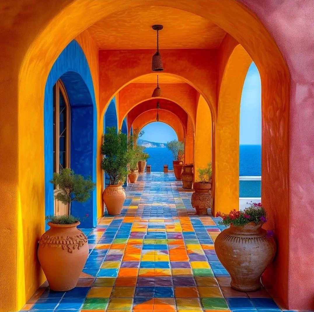 Colorful arched corridor with tiled floor, potted plants, and ocean view