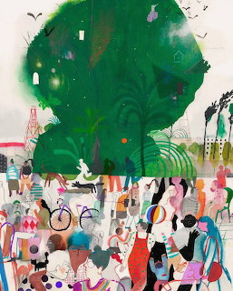 Illustration of diverse people under large green tree in busy park market with bicycles and colorful elements