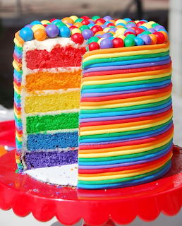 Rainbow layer cake with multicolored frosting stripes and candy toppings, slice reveals bright colored layers inside