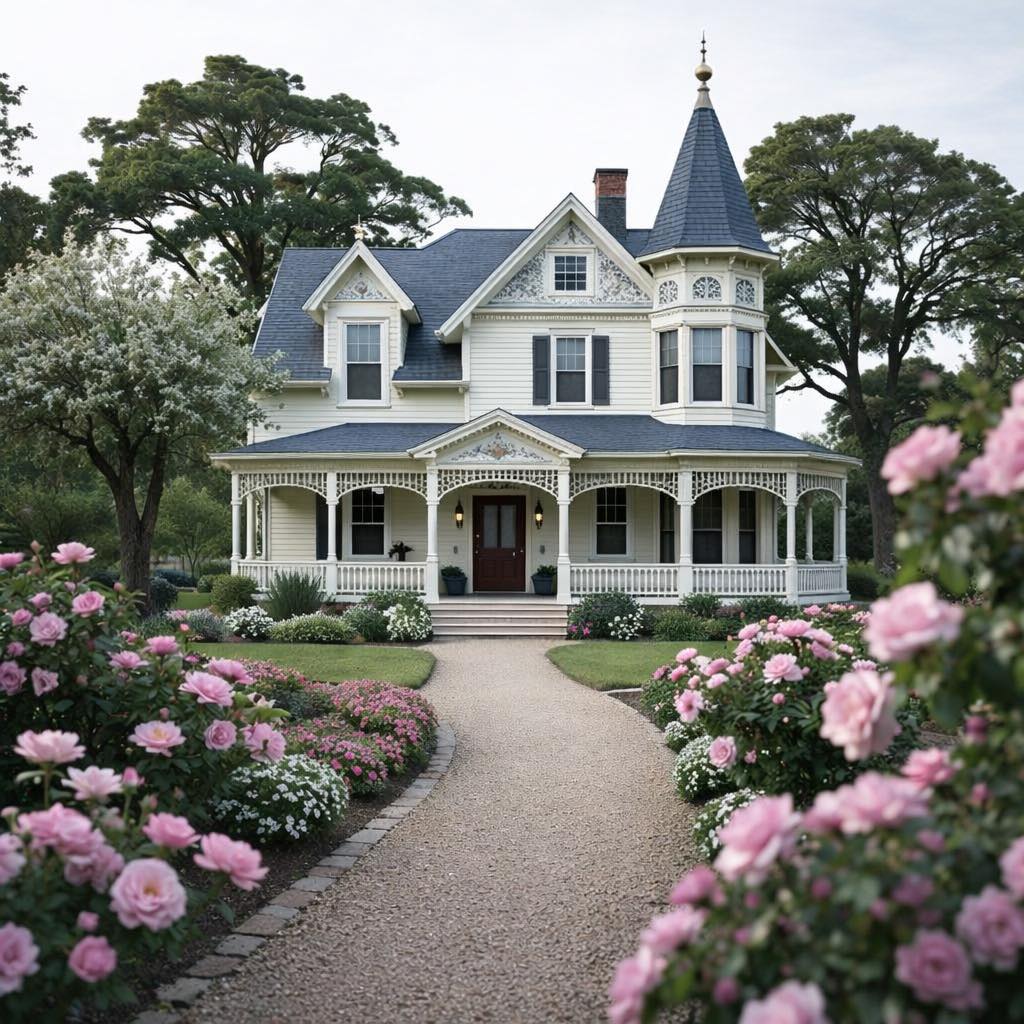 White Victorian house with turret and front porch framed by pink roses and trees