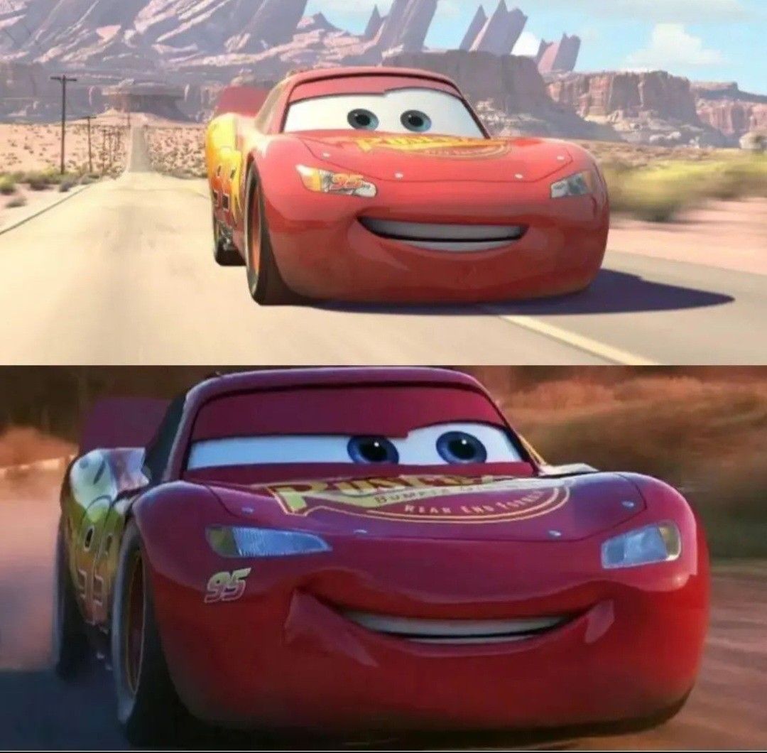 Lightning McQueen race car driving on desert road in two action views