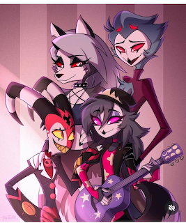 Four cartoon demon characters with horns and red eyes posing together in punk outfits against striped pink background