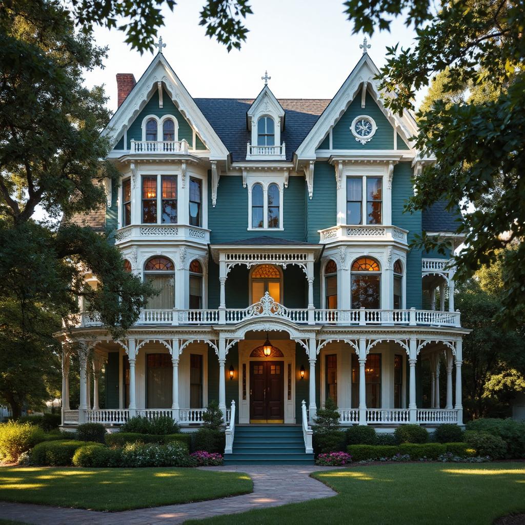Grand Victorian mansion with blue siding, white decorative trim, multiple porches, and turrets surrounded by trees