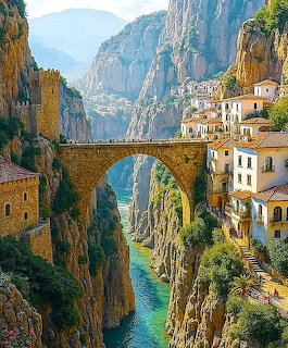 Stone arch bridge over deep gorge with white buildings on cliffs and turquoise river below in Ronda Spain