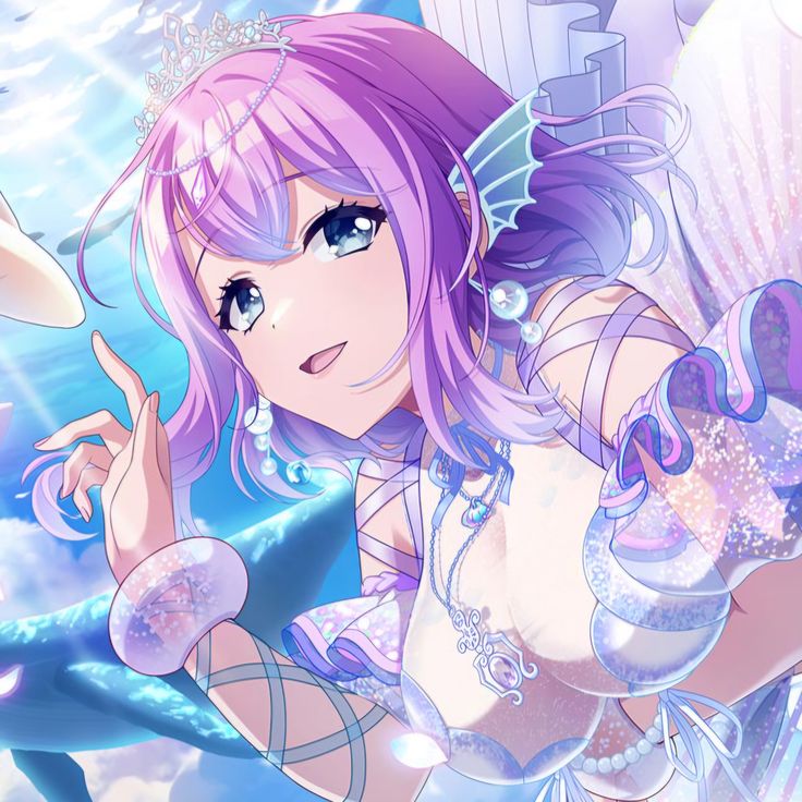 Anime girl with purple-pink gradient hair, blue eyes, and aqua accessories in soft pastel style