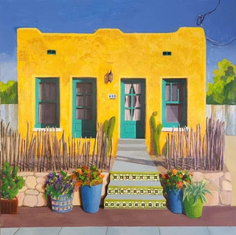 Painting of a yellow house with turquoise doors, steps, potted flowers, and a rustic fence
