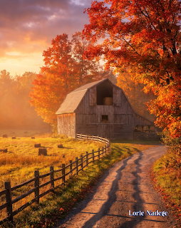 Weathered barn with autumn trees and dirt road at sunset
