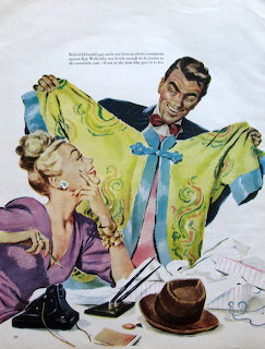 Vintage illustration of a man showing a colorful silk jacket to a smiling blonde woman