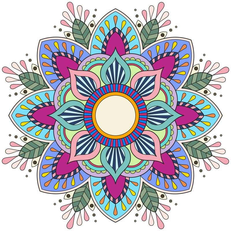Colorful symmetrical mandala with floral petals in blue, pink, and teal with golden center